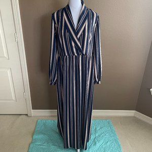 Navy Stripe Surplice Collar Long Sleeve Dress Overlay